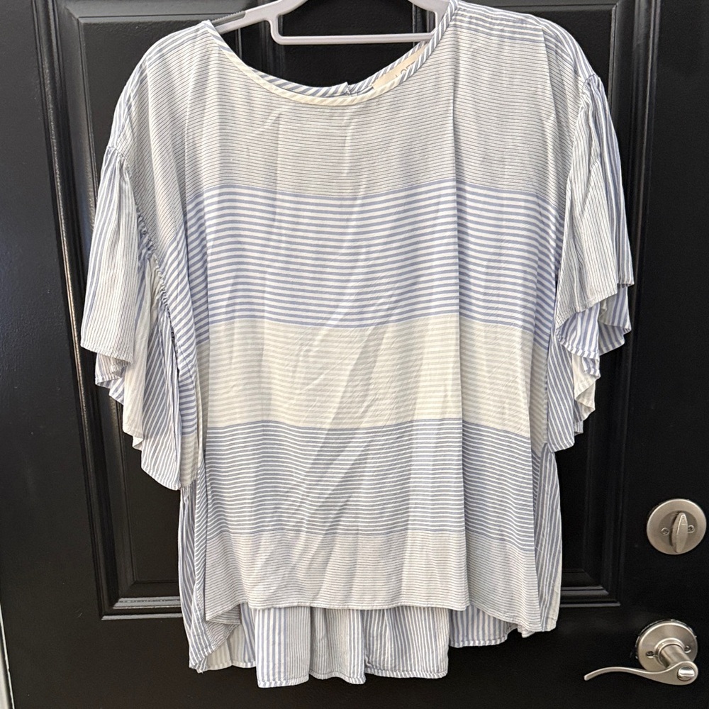 LOFT Light Blue and White Striped Blouse